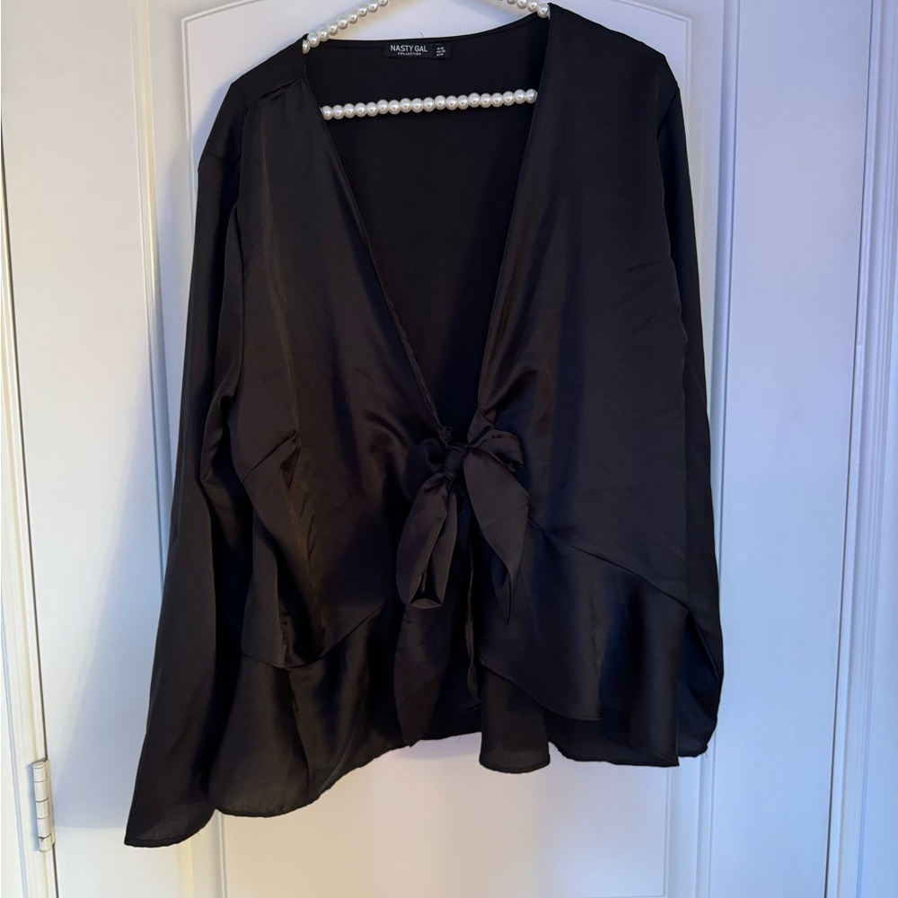 Nasty Gal Black Long Sleeve Tie Front Blouse